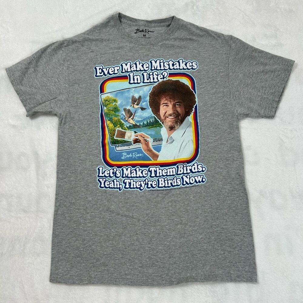 Bob Ross Shirt Mens Medium Gray Ever Make Mistakes In Life Graphic Tee